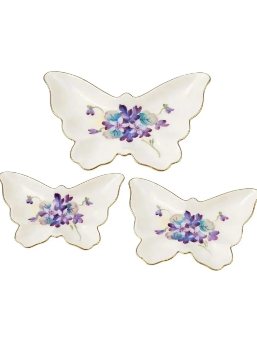 Vintage Butterfly Trinket Dishes Set of 3 Gold Trim Floral Porcelain